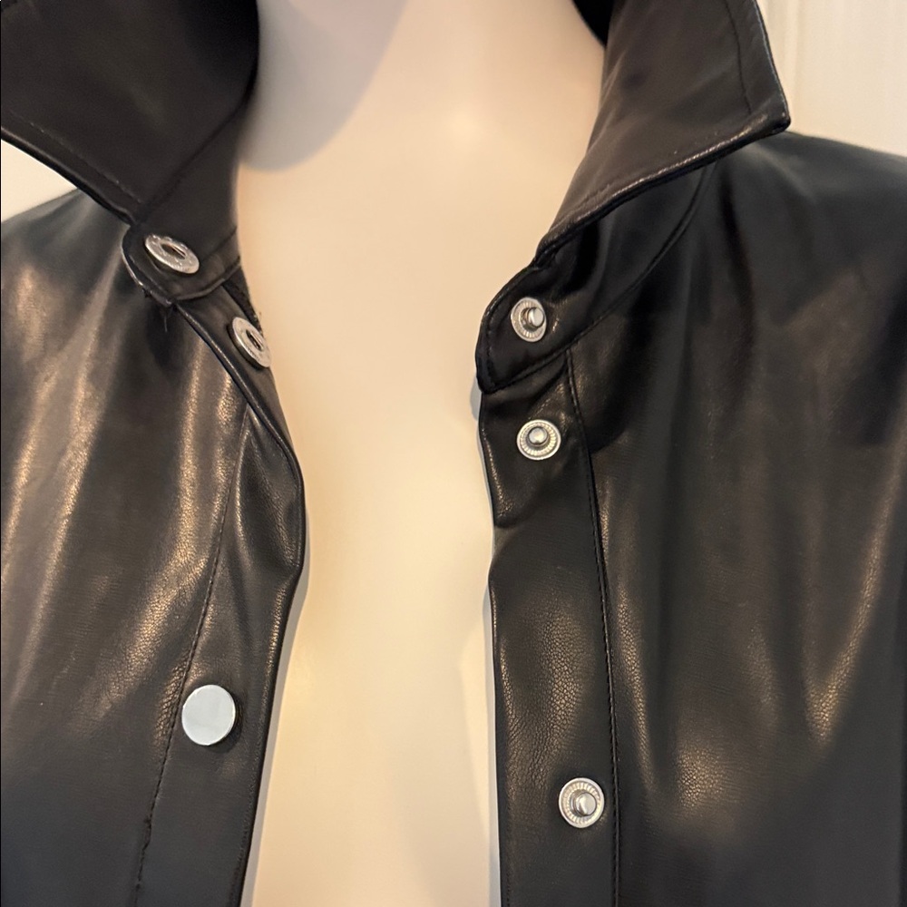 Prettylittlething Black Pleather Button-Down Shirt - image 3